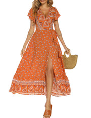 v-neck split bohemian print dress, view 10 - MRSLM