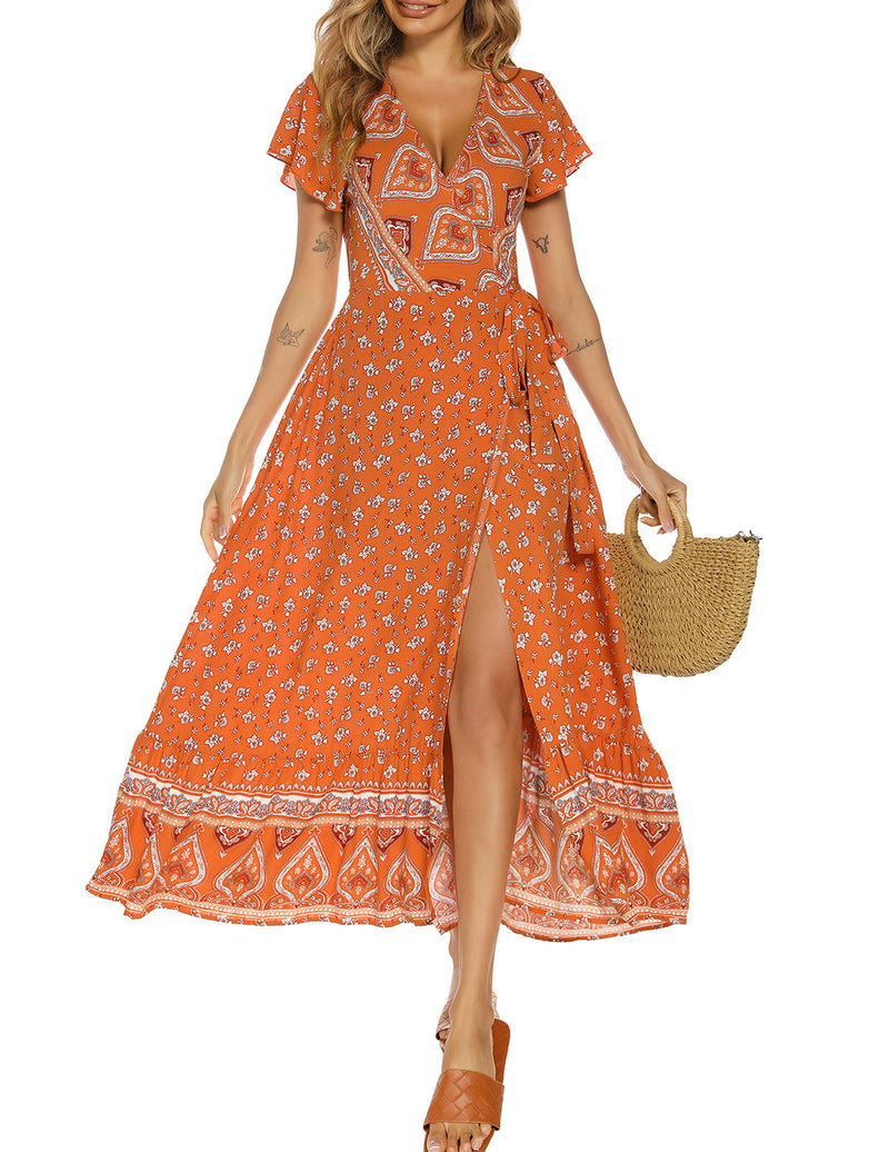 v-neck split bohemian print dress, view 10 - MRSLM