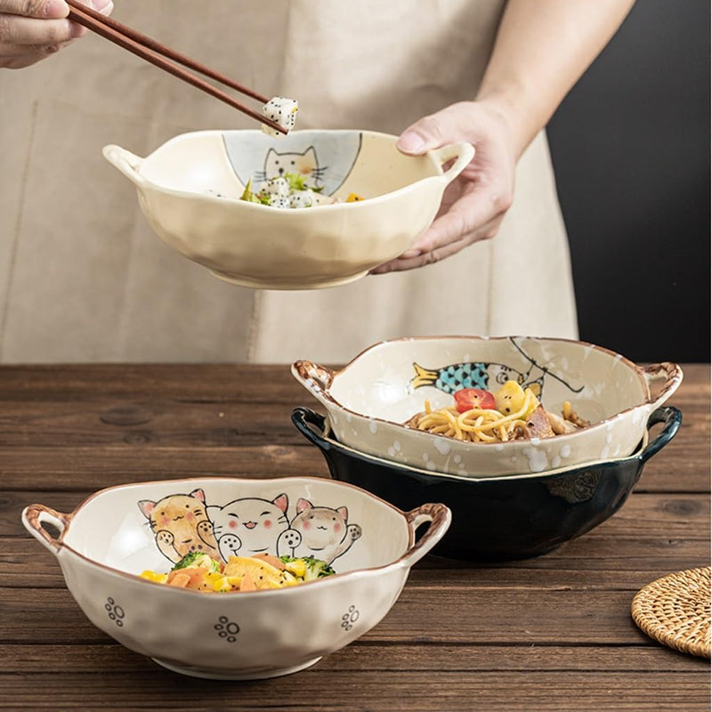 Cat design ceramic soup bowl with handle, view 10 - MRSLM