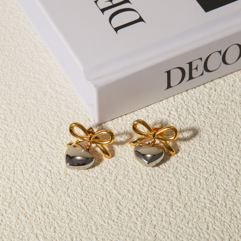 18K gold plated bow heart pendant earrings, view 8 - MRSLM