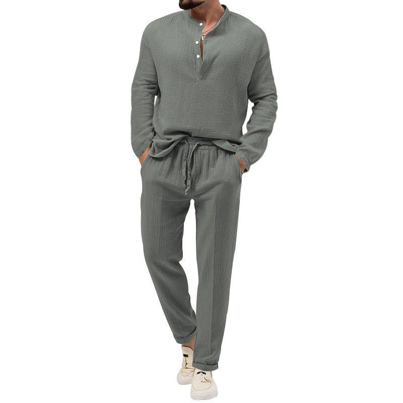 men's solid long-sleeve top and trousers set, view 9 - MRSLM