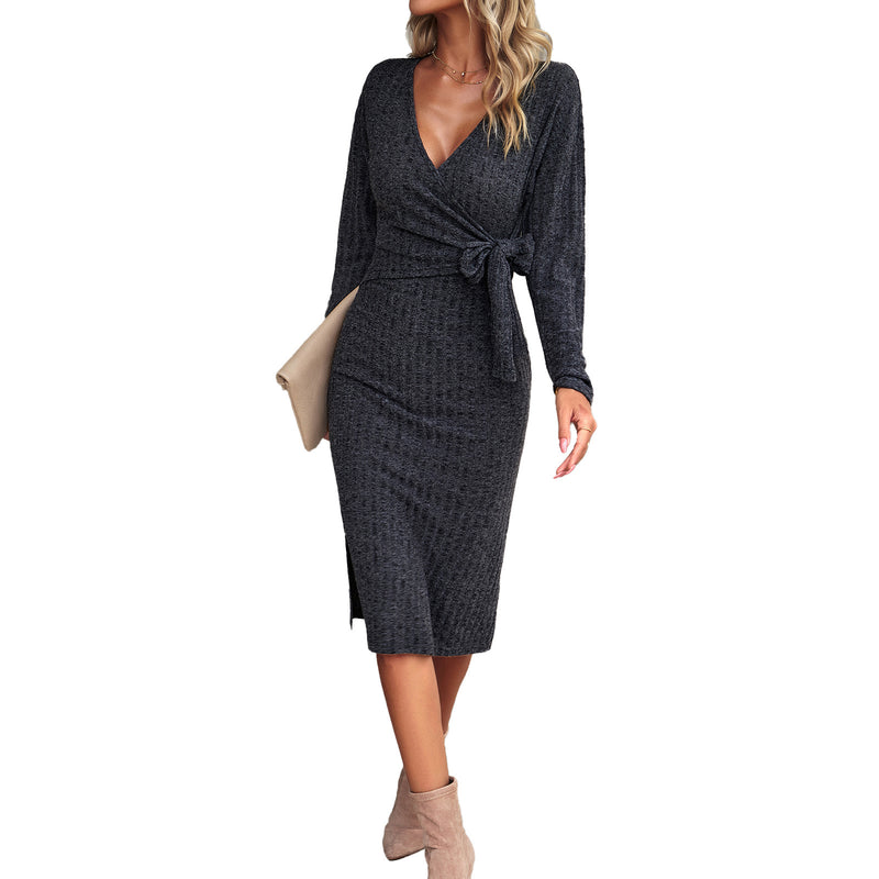 v-neck knitted tied dress, view 2 - MRSLM
