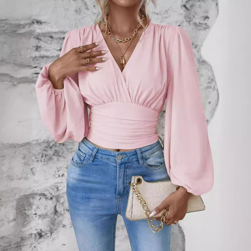 V-neck pleated long sleeve top, view 2 - MRSLM