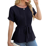 Women's ruffled pleated round neck top, view 4 - MRSLM