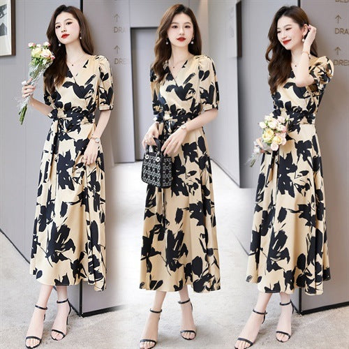 V-neck printed short sleeve dress, view 3 - MRSLM