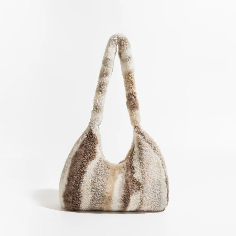 striped faux fur underarm hobo bag, view 6 - MRSLM