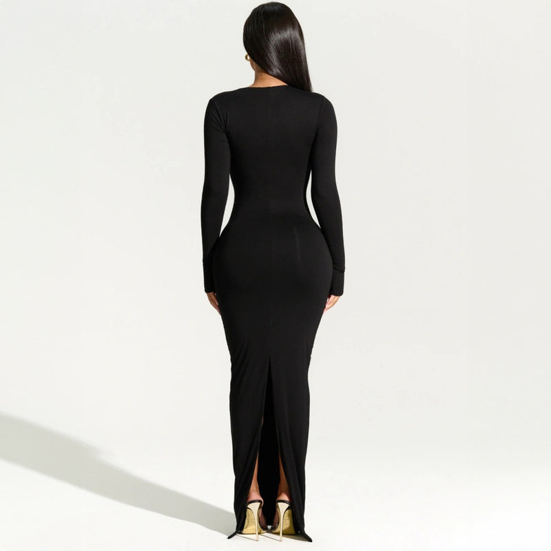 black asymmetrical slit maxi dress, view 5 - MRSLM