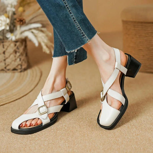 retro square heel leather sandals - MRSLM