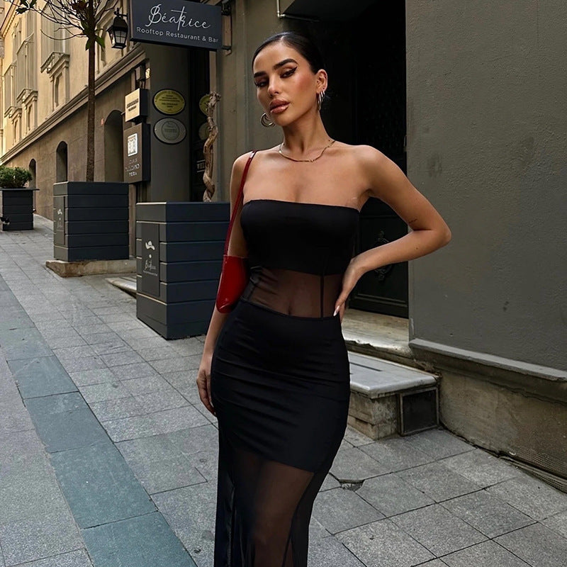tube top mesh fishtail dress, view 3 - MRSLM