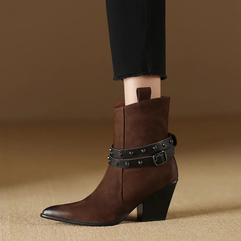 pointed toe chunky heel leather boots for women, view 6 - MRSLM