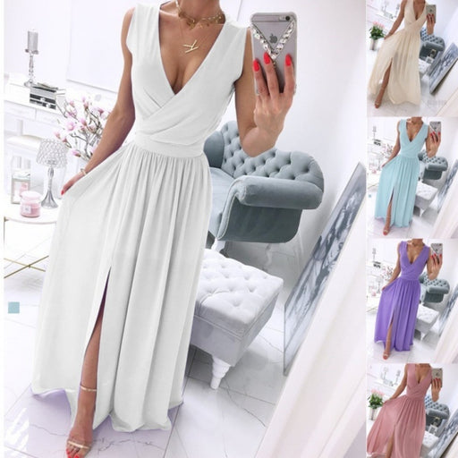 Women's sleeveless V-neck long dress - MRSLM