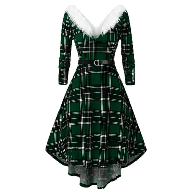 christmas plaid v-neck dress, view 5 - MRSLM