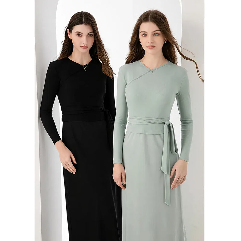 Ribbing wrap top and satin maxi dress set, view 8 - MRSLM