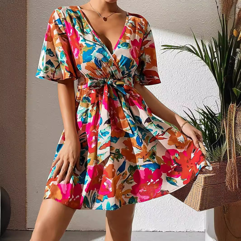 floral cross collar belted dress, view 3 - MRSLM