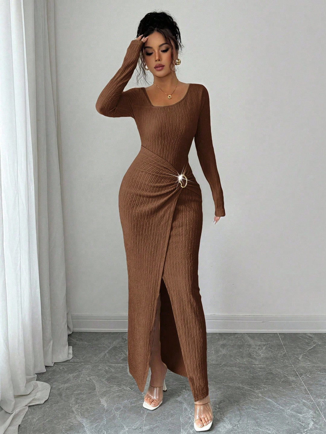 Autumn And Winter Irregular Neckline Solid Color Knitted Texture Long Dress For Women