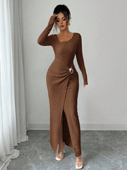 women's knit long dress with irregular neckline, view 9 - MRSLM