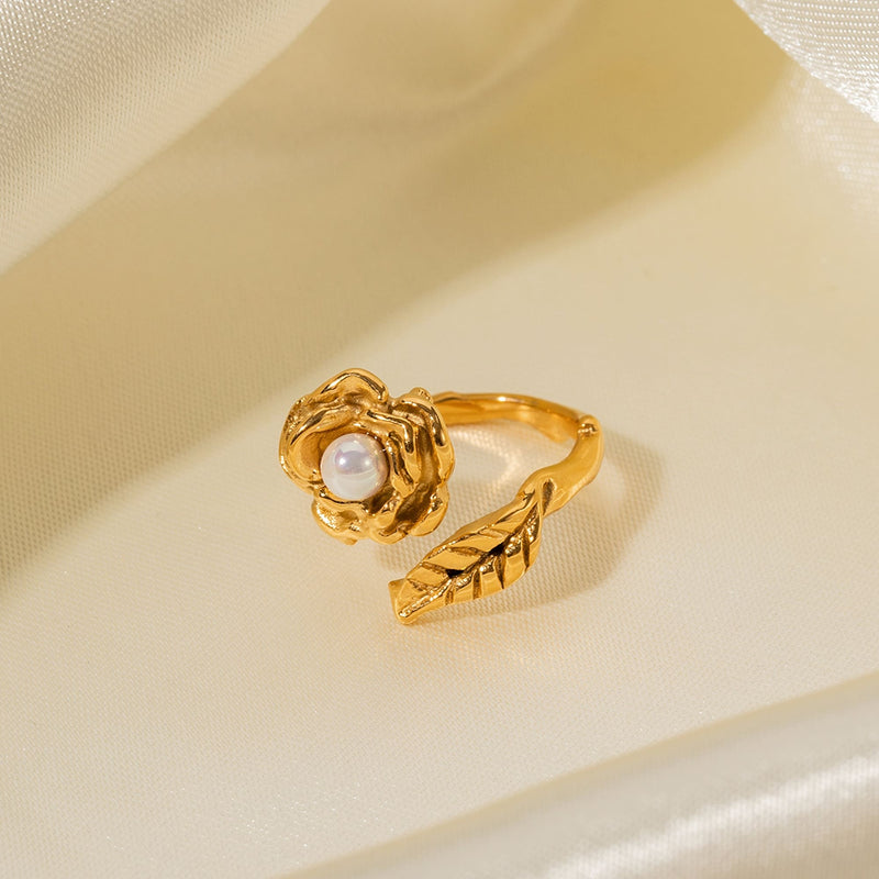 gold stainless camellia ring with shellfish beads, view 6 - MRSLM