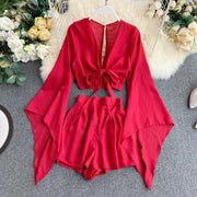bell sleeve chiffon shirt and wide leg shorts set, view 7 - MRSLM