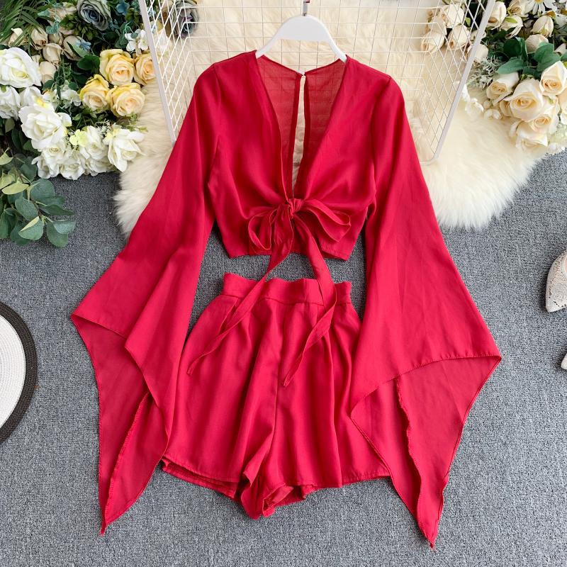 bell sleeve chiffon shirt and wide leg shorts set, view 7 - MRSLM