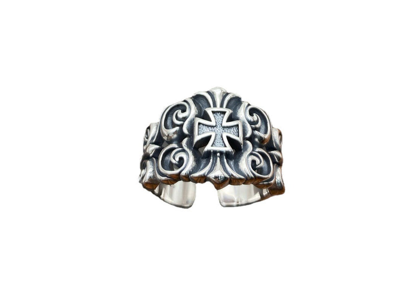 men's silver rattan flower open ring, view 2 - MRSLM