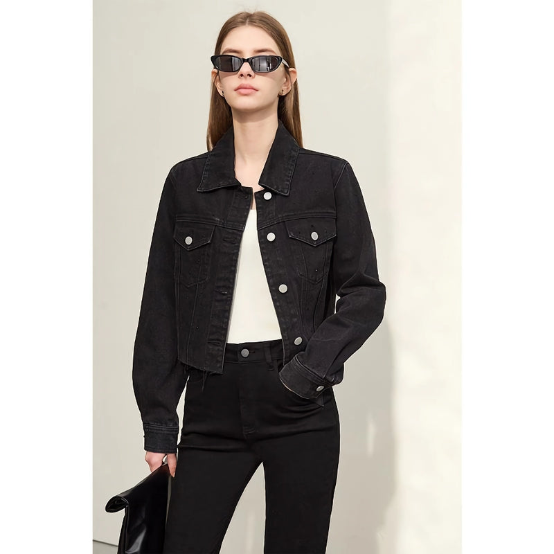 Chic Autumn Short Black Denim Jacket with Turn-down Collar