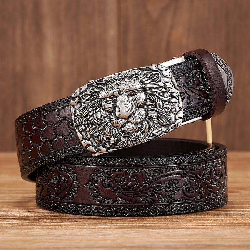 men's 3.5CM leather belt lion pattern buckle, view 8 - MRSLM