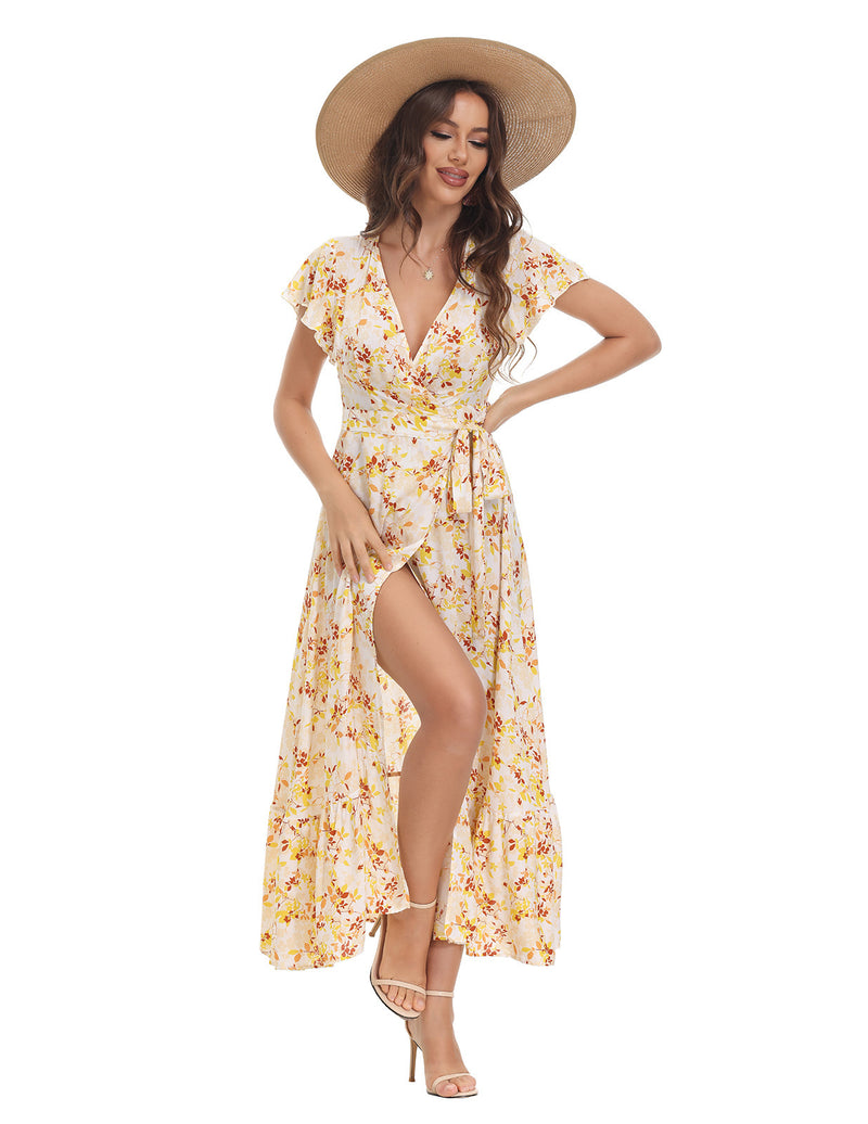 v-neck split bohemian print dress, view 16 - MRSLM
