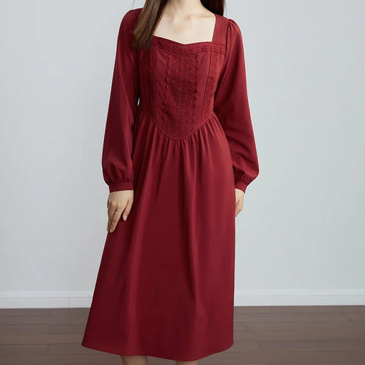 retro red long sleeve square neck dress - MRSLM