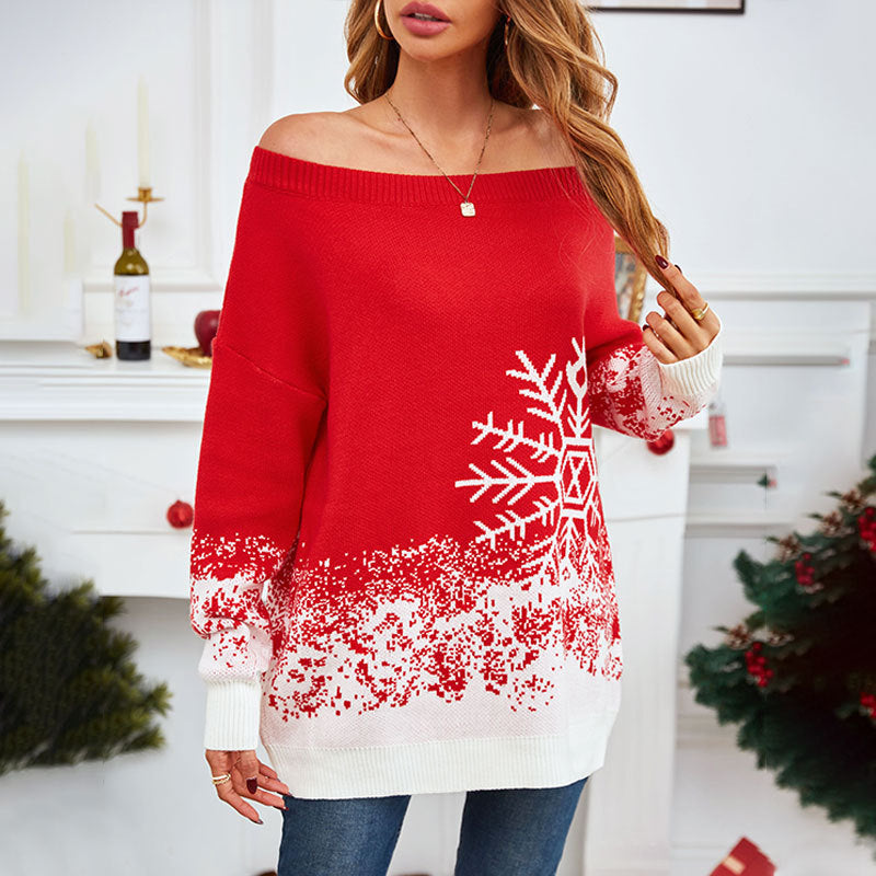 Women's red snowflake jacquard Christmas sweater, view 2 - MRSLM