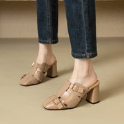 Embroidered leather high heel slippers, view 22 - MRSLM