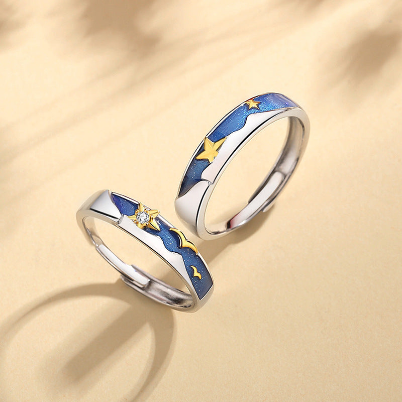 blue starry sky couple silver ring, view 6 - MRSLM