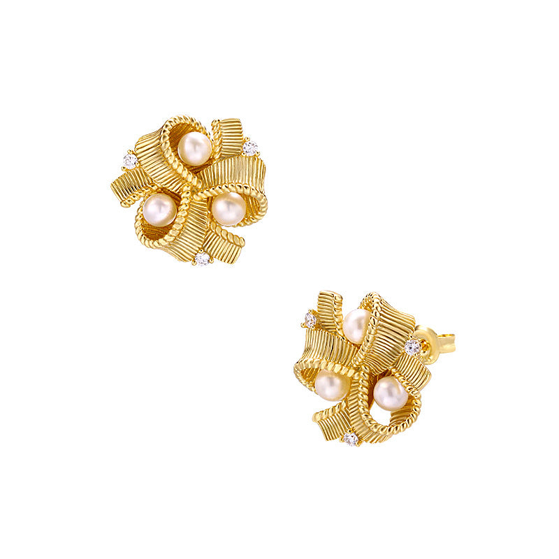women's pearl ribbon stud earrings, view 4 - MRSLM