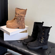Women's suede platform buckle biker boots, view 10 - MRSLM