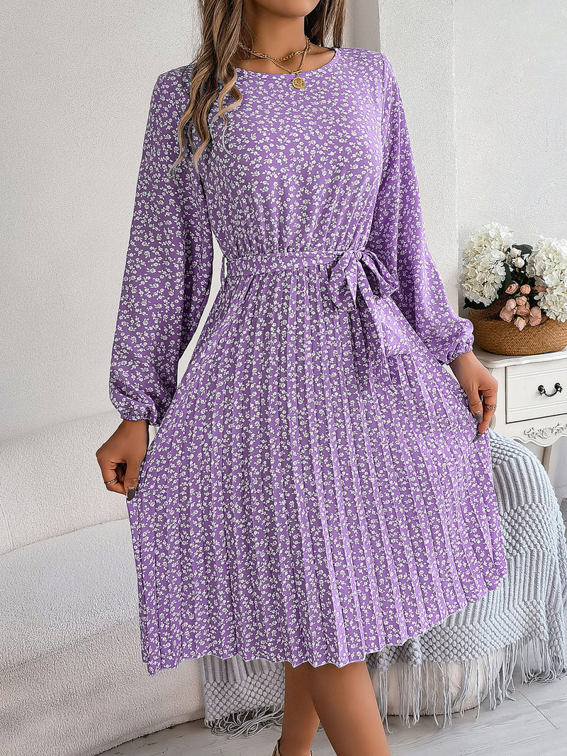long-sleeved floral print pleated dress, view 10 - MRSLM