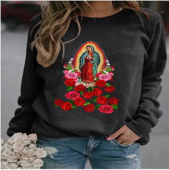 Printed Loose Round Neck Long Sleeve Sweaters Women's Clothing