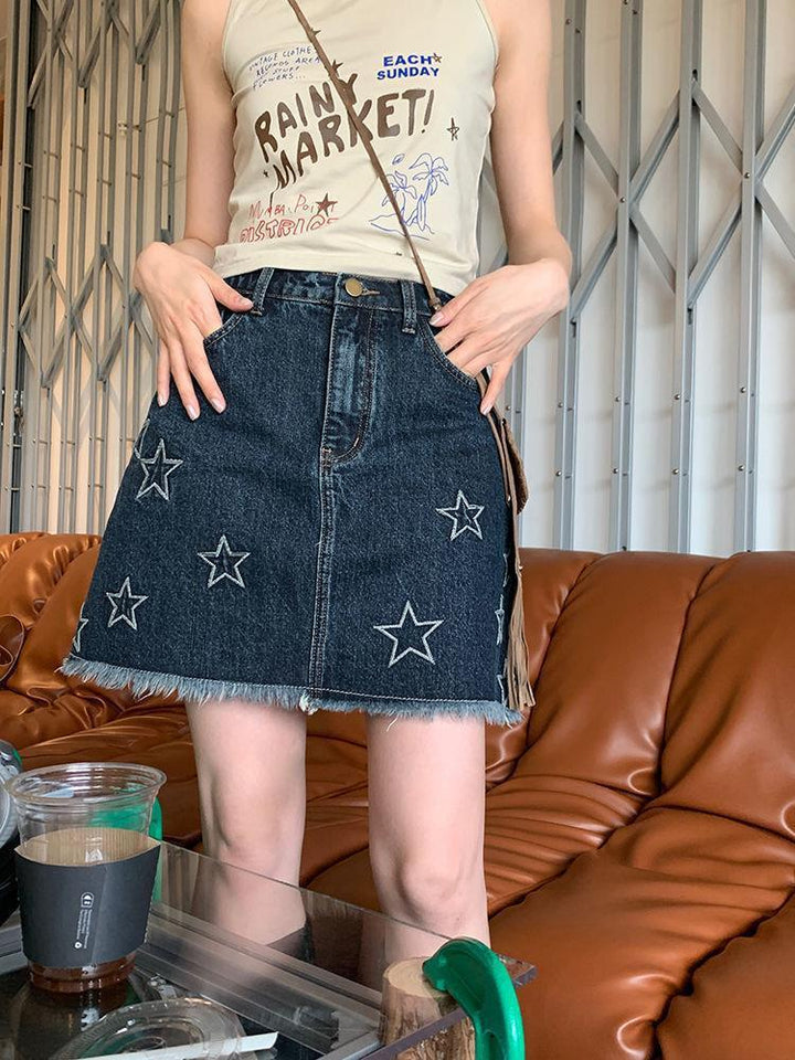 Star Embroidery American Vintage Denim Short Skirt Summer Women's High Waist Spice Girl Half Skirt Bag Hip Skirt
