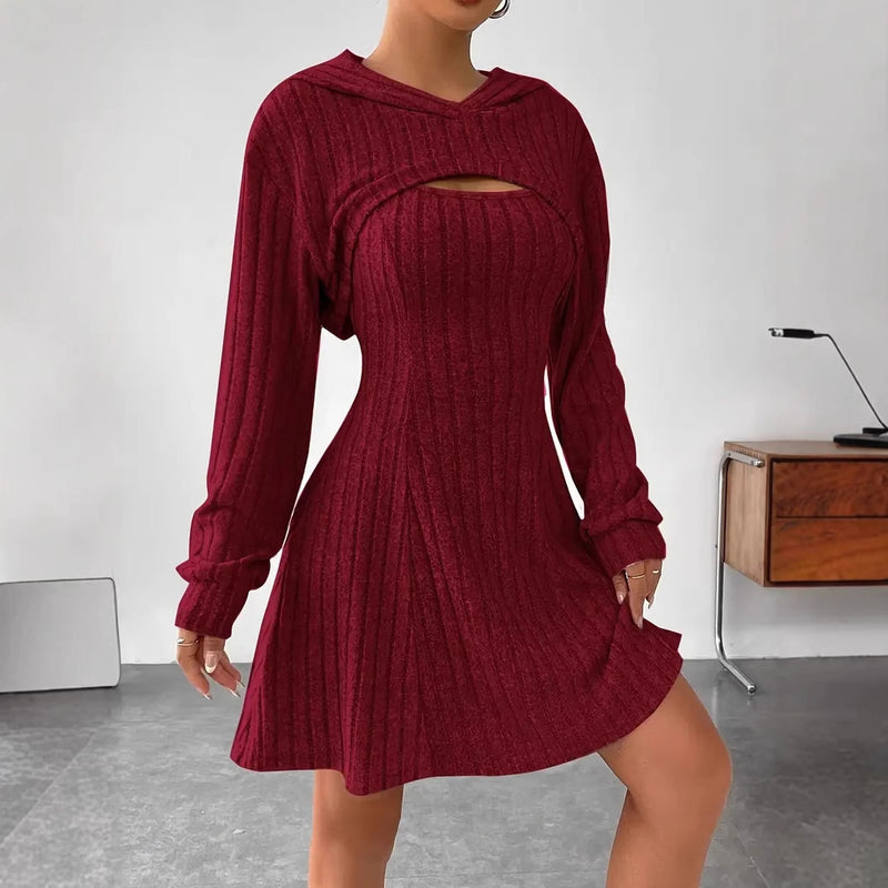 hooded shawl vest and short skirt set, view 4 - MRSLM