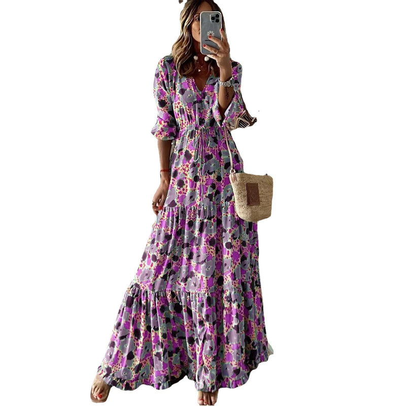 women's v-neck printed swing long dress, view 5 - MRSLM