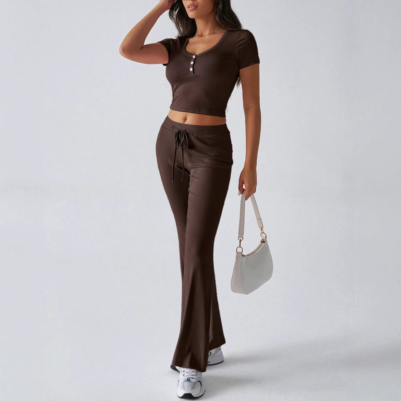 Women's solid color crew neck casual set, view 3 - MRSLM