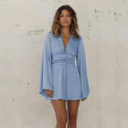 deep V-neck long sleeve blue satin mini dress - MRSLM