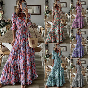 women's v-neck printed swing long dress - MRSLM