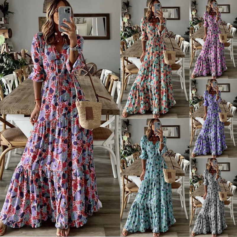 women's v-neck printed swing long dress - MRSLM
