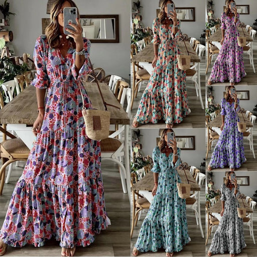 women's v-neck printed swing long dress - MRSLM