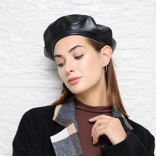 genuine leather retro beret cap, view 5 - MRSLM