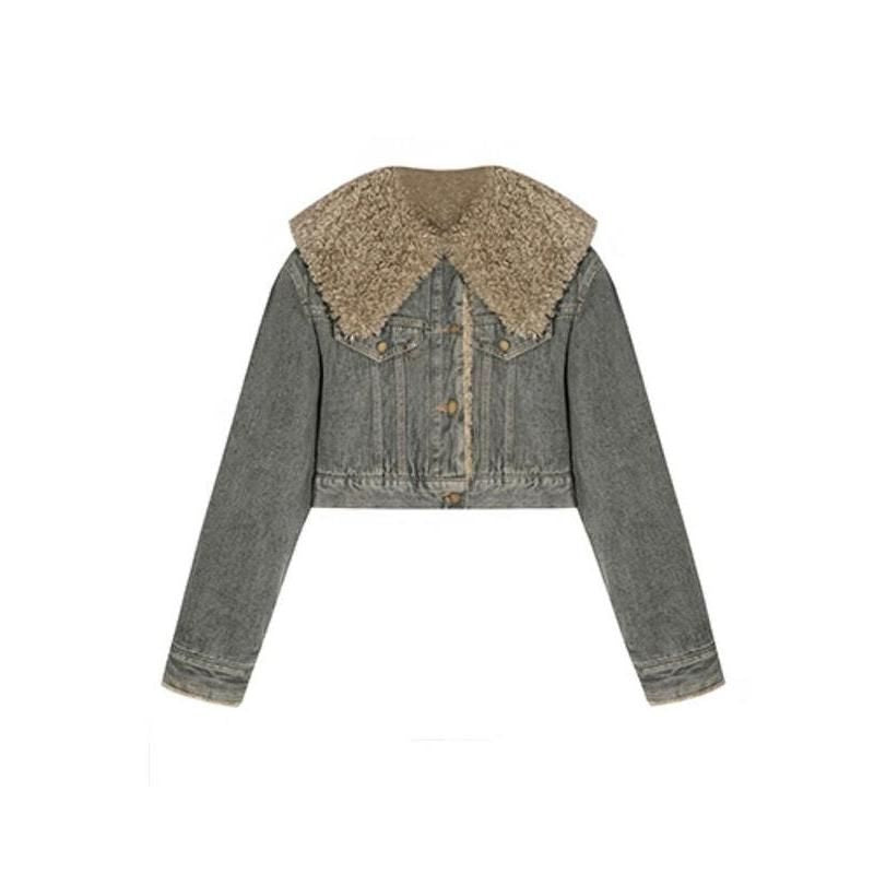 Women's vintage denim lambhair jacket, view 7 - MRSLM