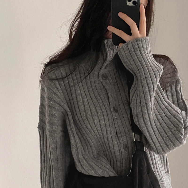 women's high neck ribbed cardigan sweater, view 3 - MRSLM
