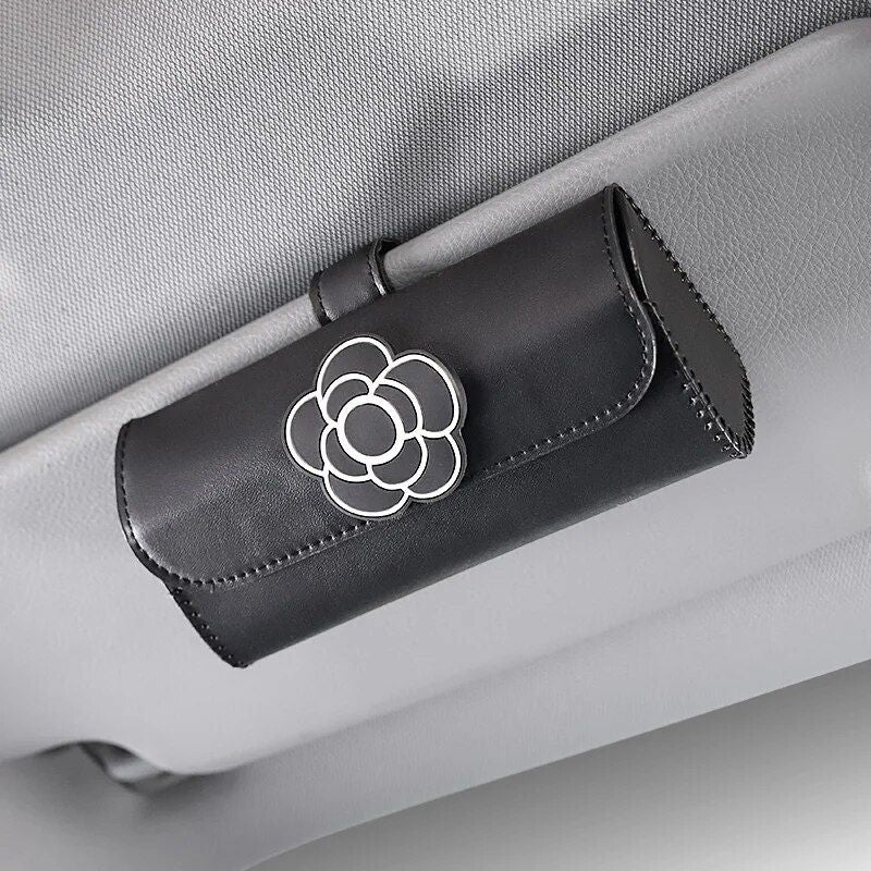 camellia flower leather car visor sunglasses holder, view 4 - MRSLM