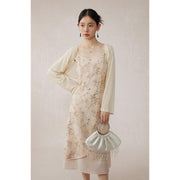 floral A-line midi dress with lace details, view 2 - MRSLM