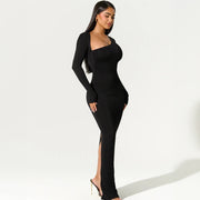 black asymmetrical slit maxi dress, view 4 - MRSLM