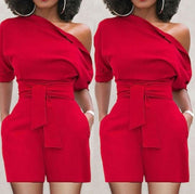 women's shoulder button one-piece shorts romper, view 4 - MRSLM